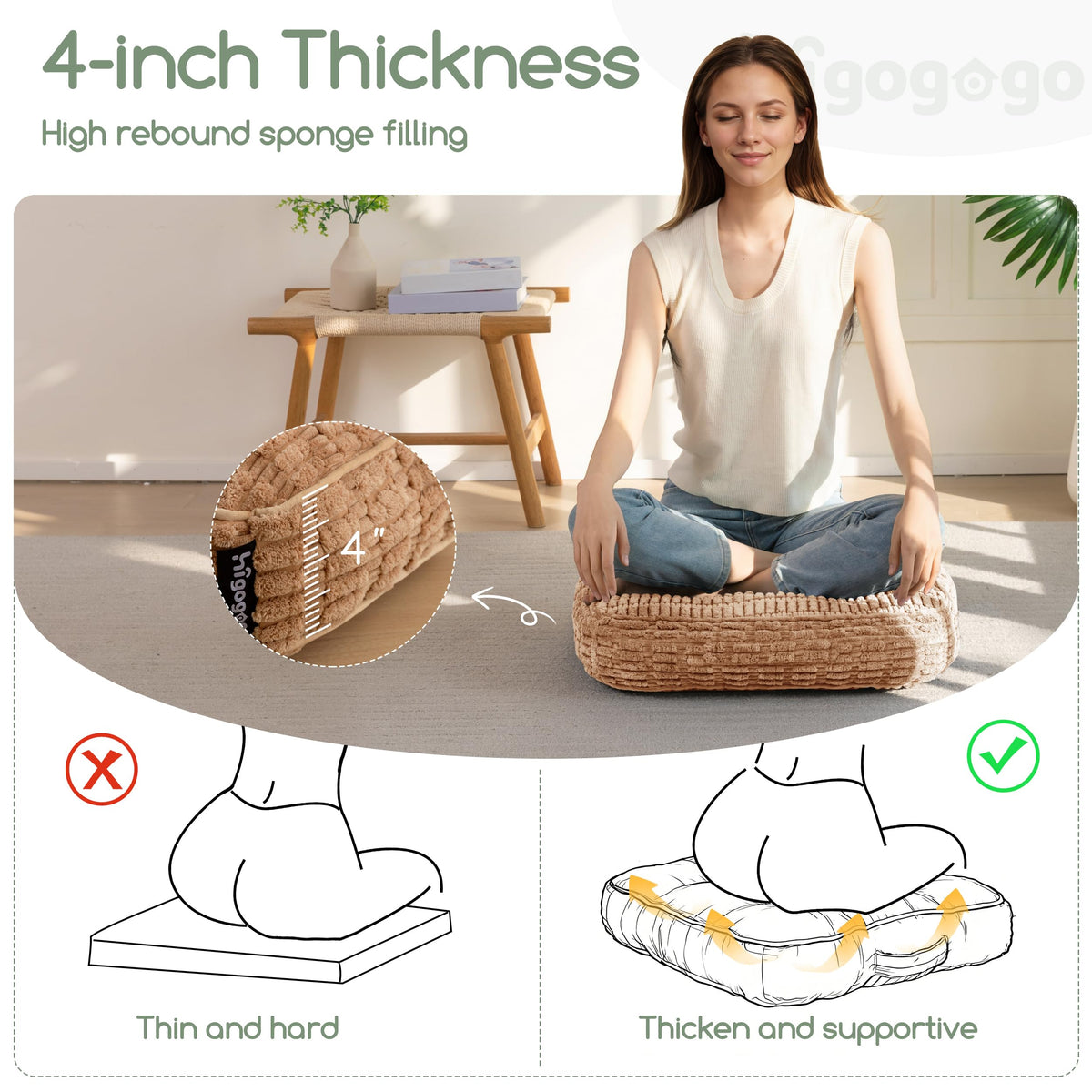 HIGOGOGO Floor Pillow Cushion for Adults, Meditation Cushion Pillow, Blended Corduroy Cover, Large Square Floor Sitting for Tatami Living Room or Yoga, 22x22 Inch, Coffee