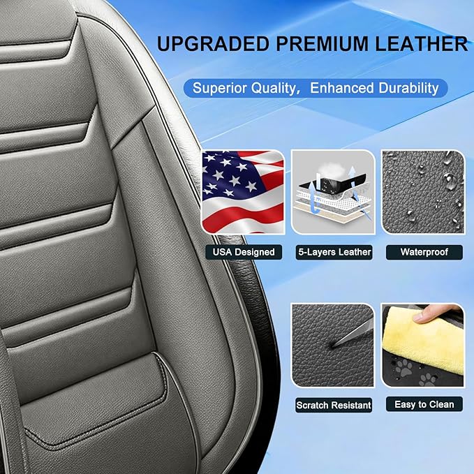 Fit Civic Car Seat Covers for Honda Civic 2020-2026 Sedan(Not for Coupe) - Premium Full Coverage Leather, Waterproof All Weather Breathable Seat Cushion Protector, Full Set, Black+Gray