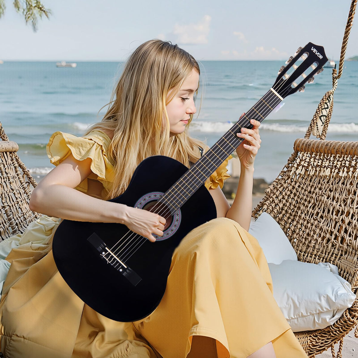 VEVOR Classical Guitar, 38 Inch, Wood Classical Guitar Starter Kit for Beginners, with Nylon Strings, Gig Bag, Strap, Tuner, Extra Strings, Picks, Capo, Basswood, for Teenagers Adults Students, Black