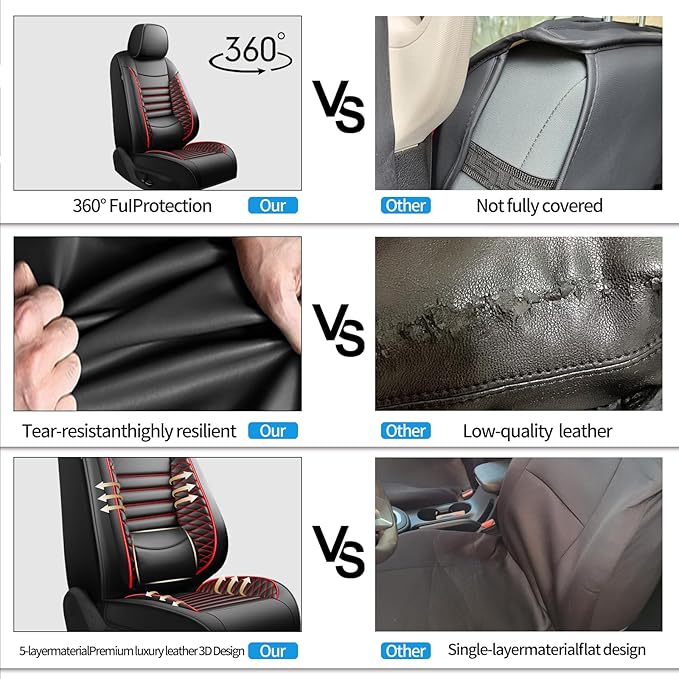 Fit Sonata Car Seat Covers for Hyundai Sonata 2004-2024 2025 2026- Upgraded Premium Waterproof & Breathable Leather, Airbag Compatible, All-Weather Seat Cushion Protector (Full Set, Black+Red)