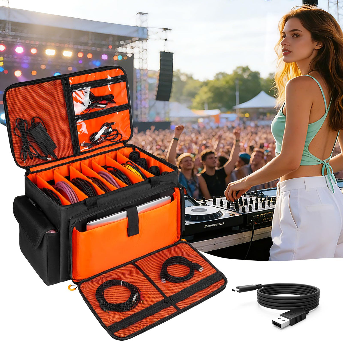 Large DJ Cable Bag with Removable Dividers & Bottom Pad, Multi-Pocket