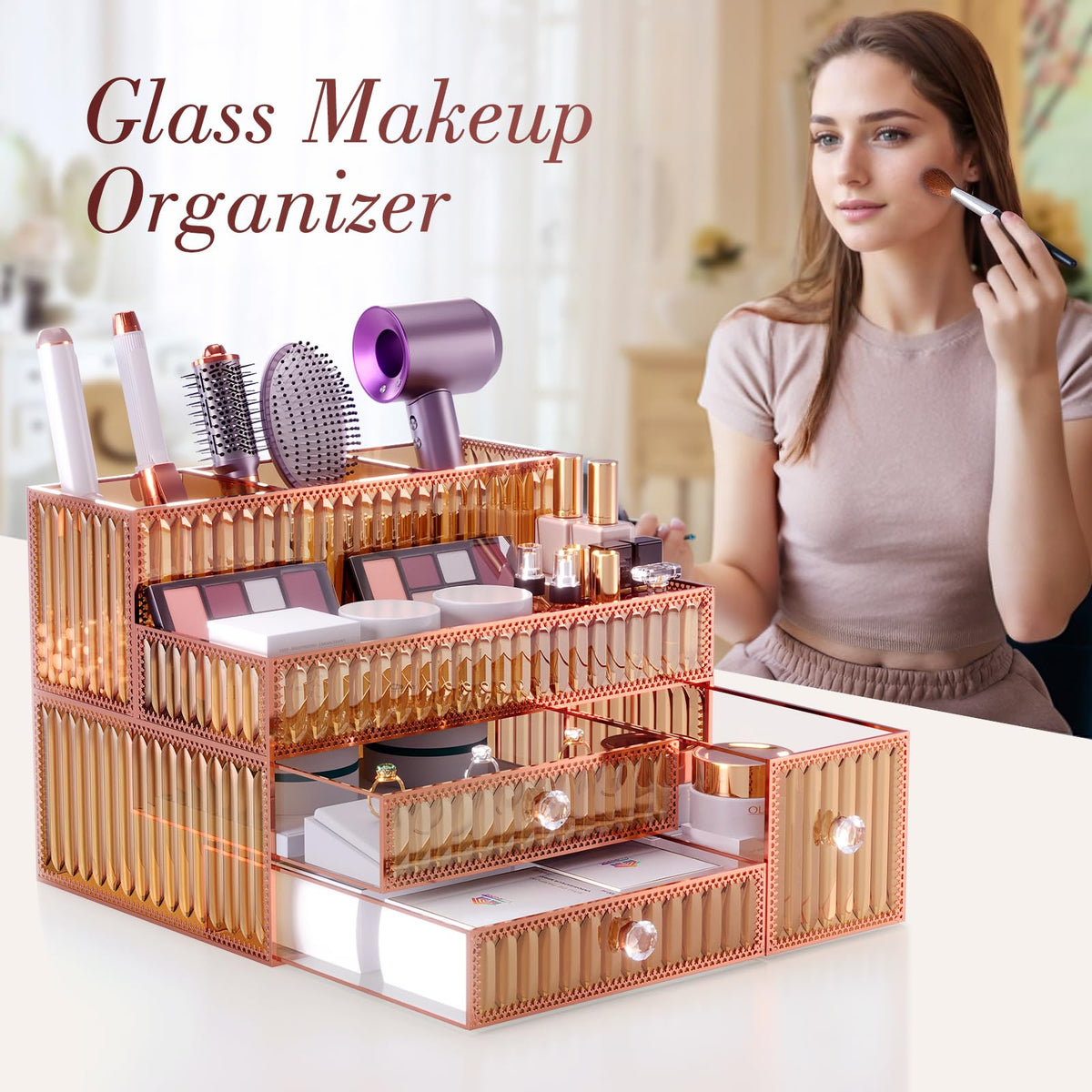 Youdepot Golden Tempered Glass Vanity Organizer for Cosmetics