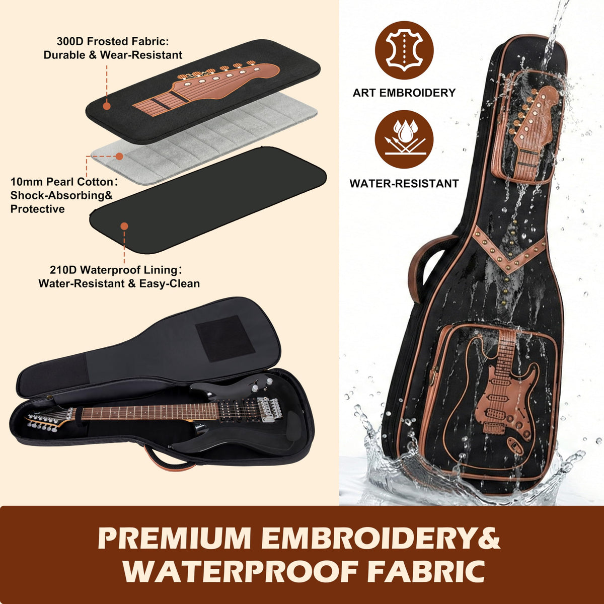 PPOPPO 39/40" Electric Guitar Bag 0.5" 300D Waterproof PU Punk Rivet Style