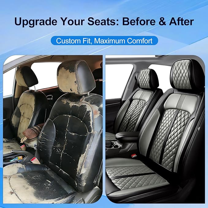 Fit HR-V Car Seat Covers for Honda HRV 2016-2025 2026 LX/EX/EXL/Sport - Full Coverage Leather, Airbag Compatible, Breathable Waterproof All Weather Seat Protector, Full Set, Black+Gray