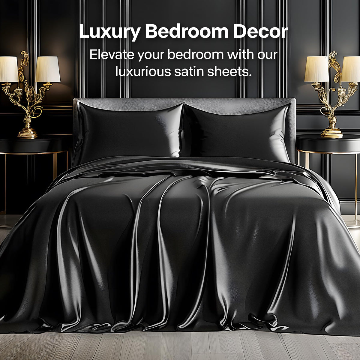 BEDELITE Satin Sheets Queen Size Bed Set, Black, 4 Pieces