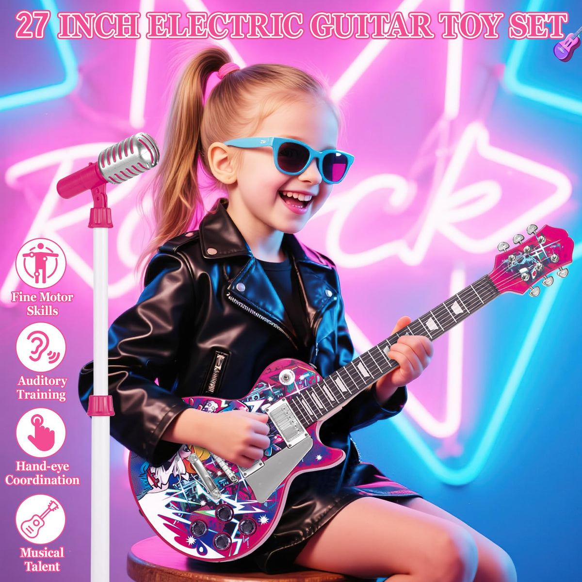 deAO Musical Guitar Play Set,Adjustable Height Microphone,Amplifier Set with Stand,Music Light Karaoke Music Toys Birthday for Kids Boys Girls