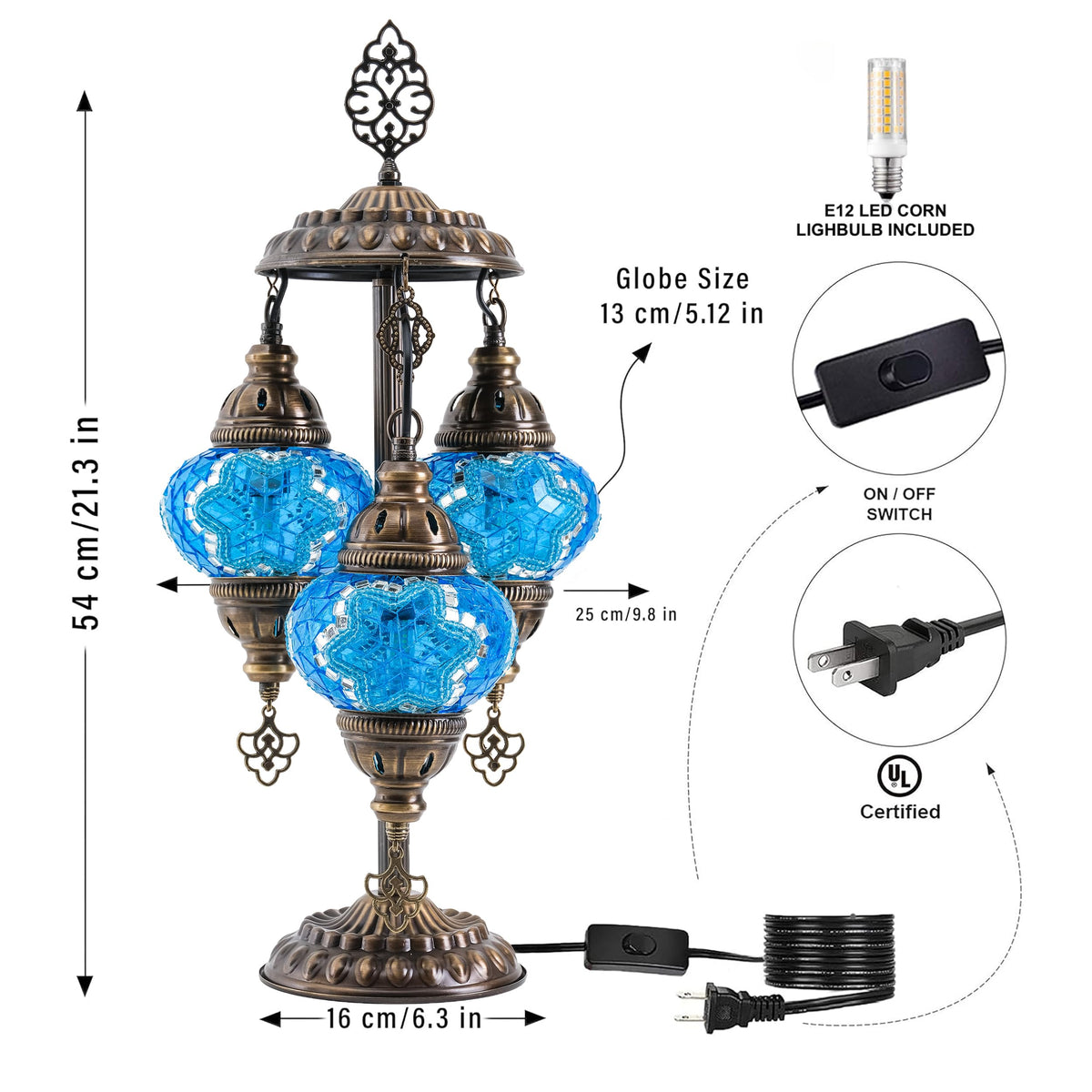 Mozaist Turkish Mosaic 3 Globe Table Lamp, E12 Bulbs Included, US Plug