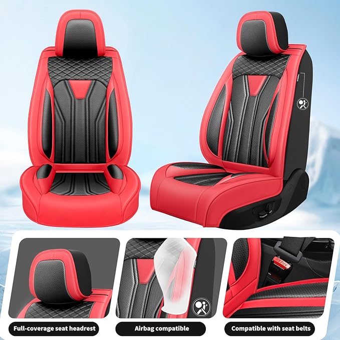 Fit Frontier Car Seat Covers Premium Leather for Nissan Frontier 2009-2025 2026. Waterproof， Breathable, Scratch-Resistant & All-Weather Seat Cushion Protector（Front Seat,Red&Black