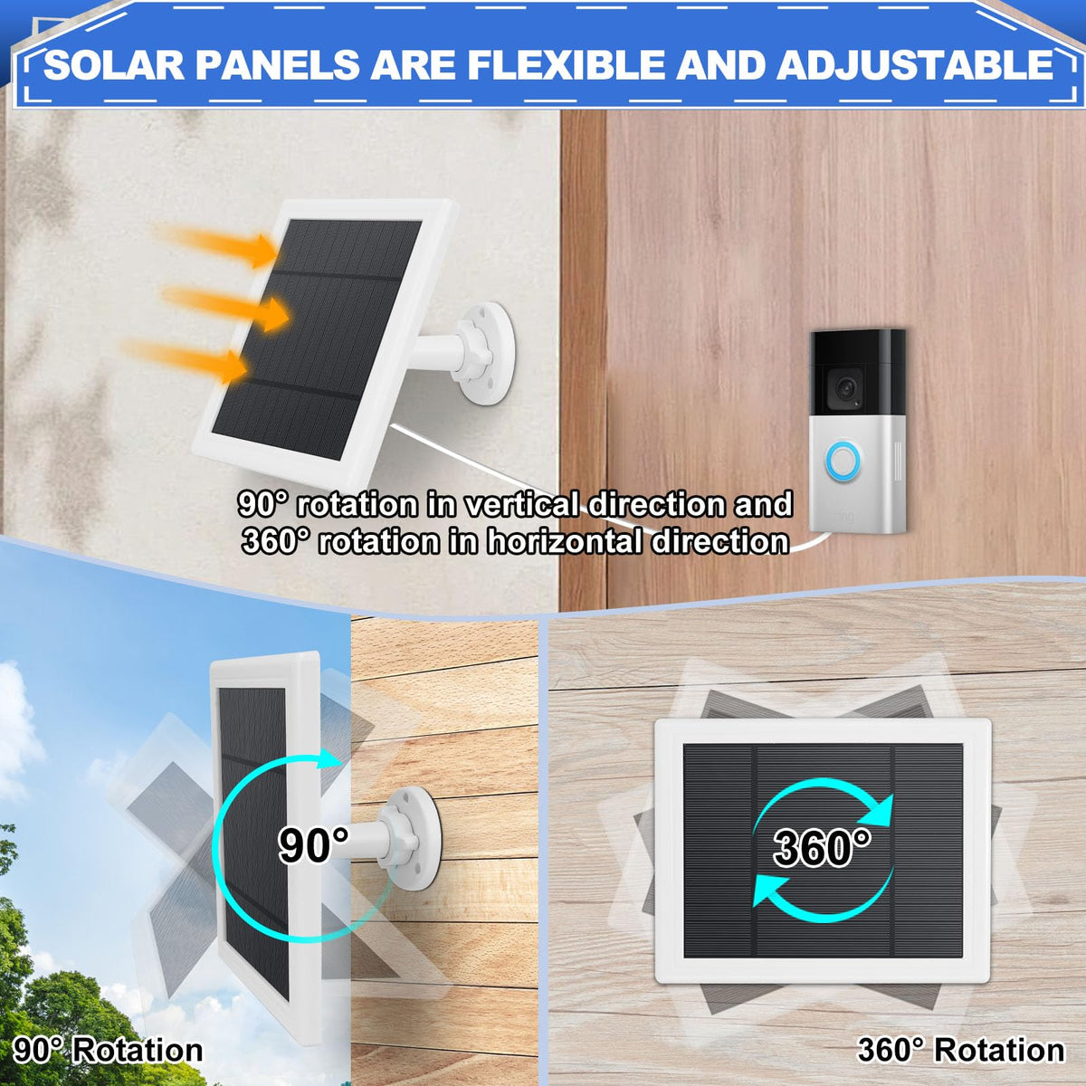 Solar Panel for Ring Doorbell 5W 5V Solar Charger Pefect for Ring Video Doorbell (2nd Gen - 2020 Release), Micro USB Port IP65 16.4ft Waterproof Charging Cable, 360°Adjustable Mount