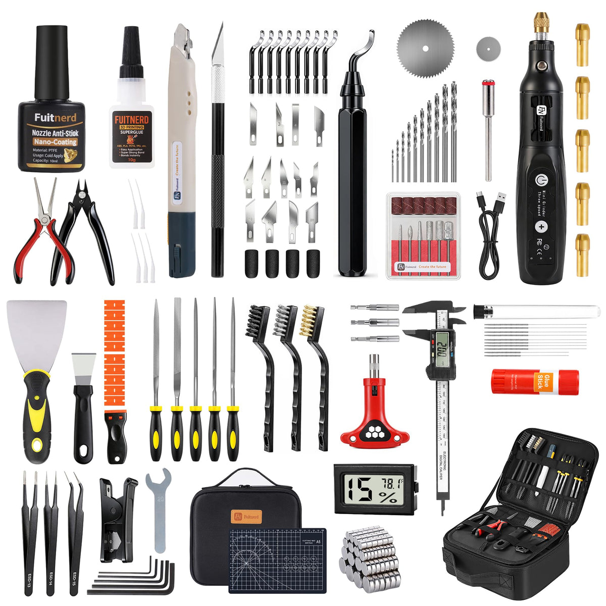 141Pcs 3D Printer Accessories with 4-Layer Slotted Case, Precision Workstation, Includes Digital Caliper, Cordless Rotary Tool, PTFE Nozzle Coating for Bambu Lab, Flashforge, Ender 3, Anycubic