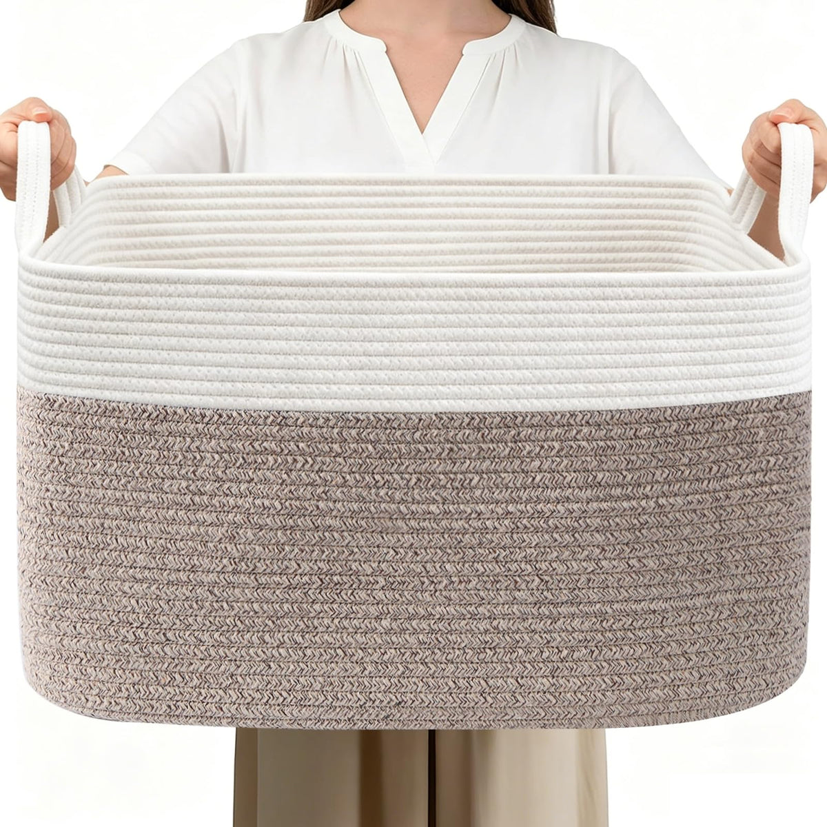 HZFTJOY 65L Laundry Basket with Handles, Woven Blanket Basket, White/Brown