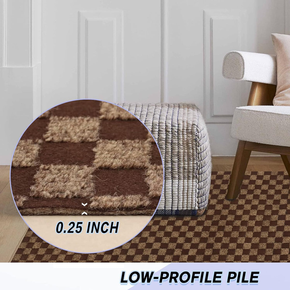 Custom Size Backed Non-Slip Area Rugs Runner, Easy Clean, Waterproof Runner Rugs for Hallway Entryway, Kitchen, Laundry, 3FT x 28FT, Brown Checkered