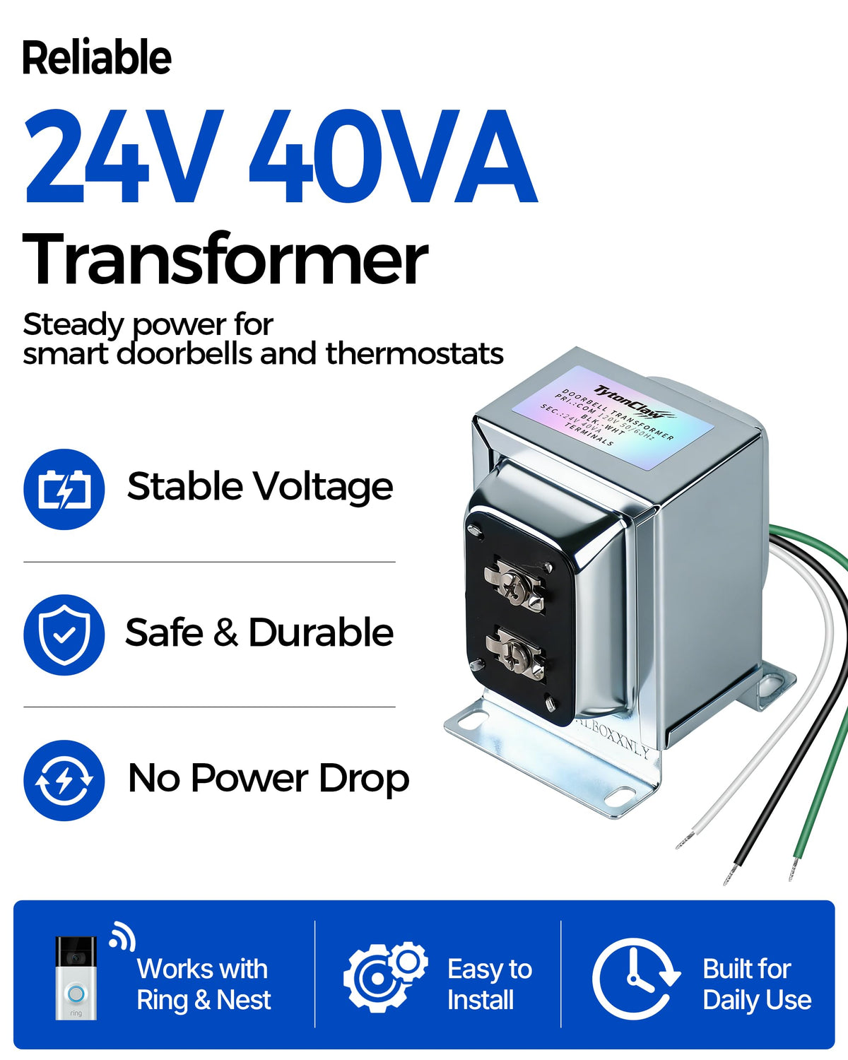 24V 40VA Hardwired Doorbell Transformer for Ring, Nest & Smart Thermostats