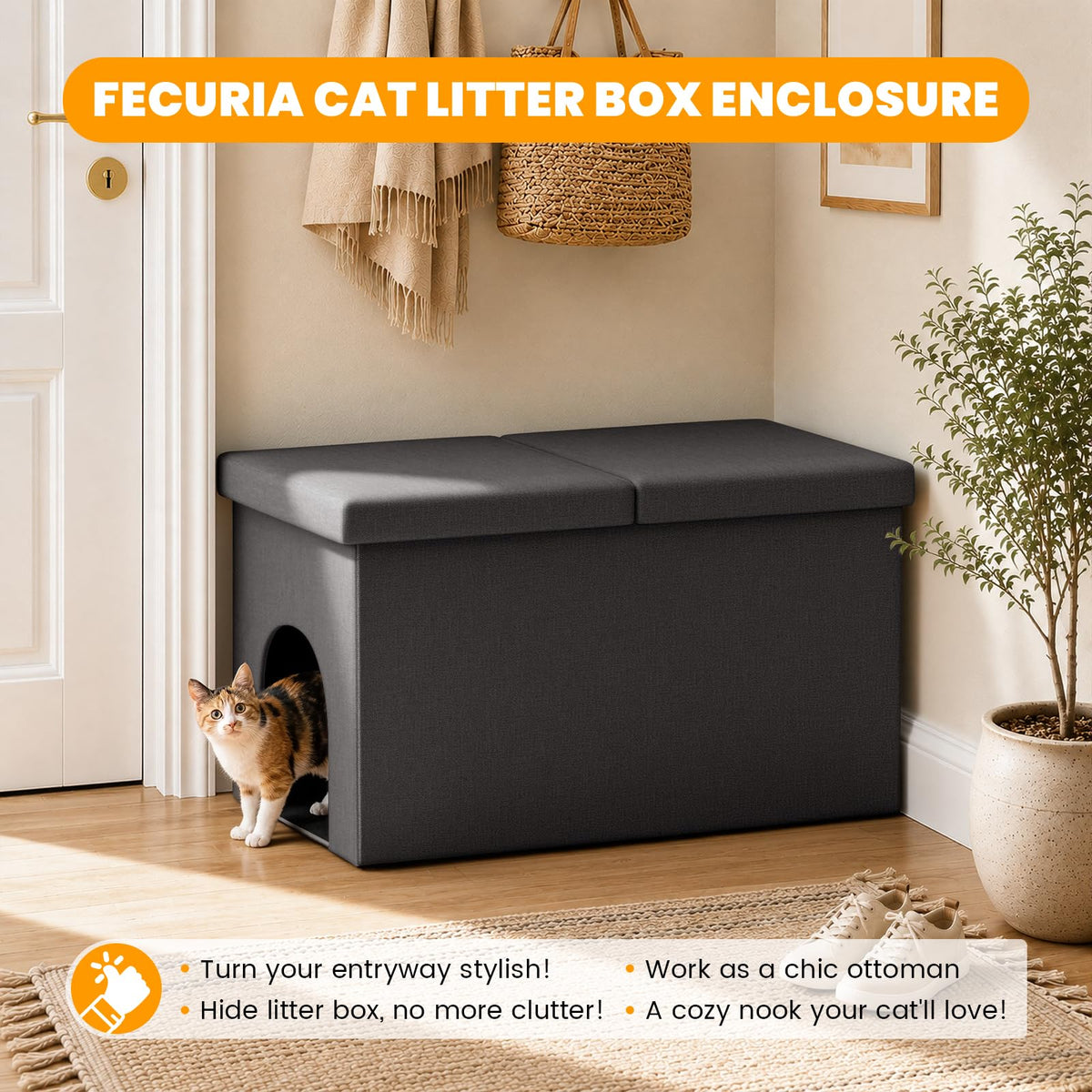 Fecuria 3-in-1 Cat Litter Box Enclosure with Odor Control, Multi-Functional Hidden Litter Box Furniture Bench, Dog Proof, Space-Saving Ottoman Cabinet with Flip-Up Lid, Storage Footrest, Dark Grey
