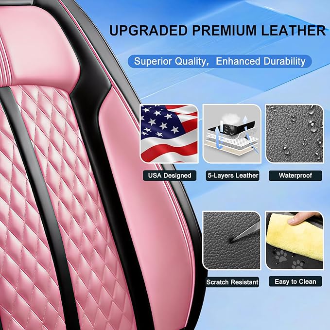 Fit Prologue Car Seat Covers for Select Honda Prologue 2024-2026 - Premium Full Coverage Leather, Airbag Compatible, Waterproof & All Weather Seat Cushion Protector, Full Set, Black+Pink