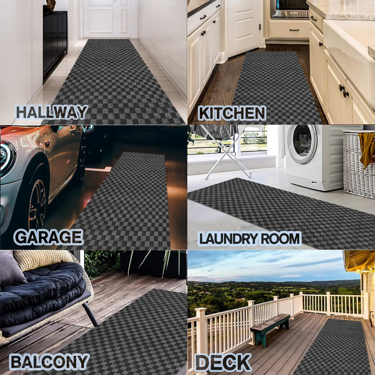 Custom Size Backed Non-Slip Area Rugs Runner, Easy Clean, Waterproof Runner Rugs for Hallway Entryway, Kitchen, Laundry, 4FT x 53FT, Gray Checkered