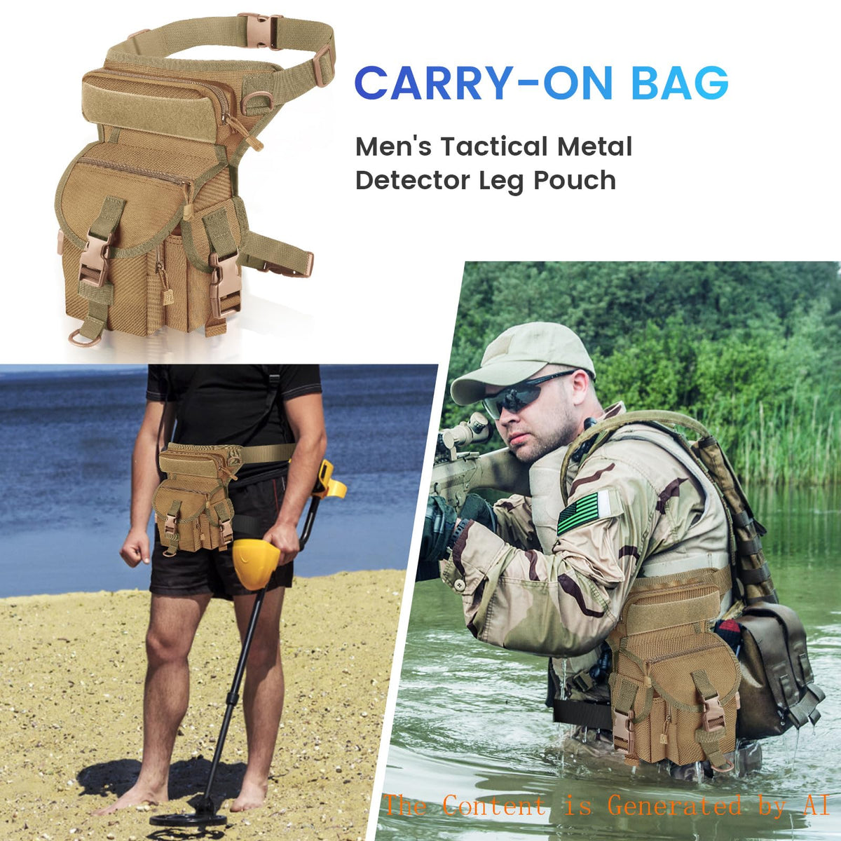 Metal Detecting Waist Bag, Drop Leg Bags, Waterproof Metal Detector Tool Bag, for Outdoor Metal Detector Accessory (Tan)