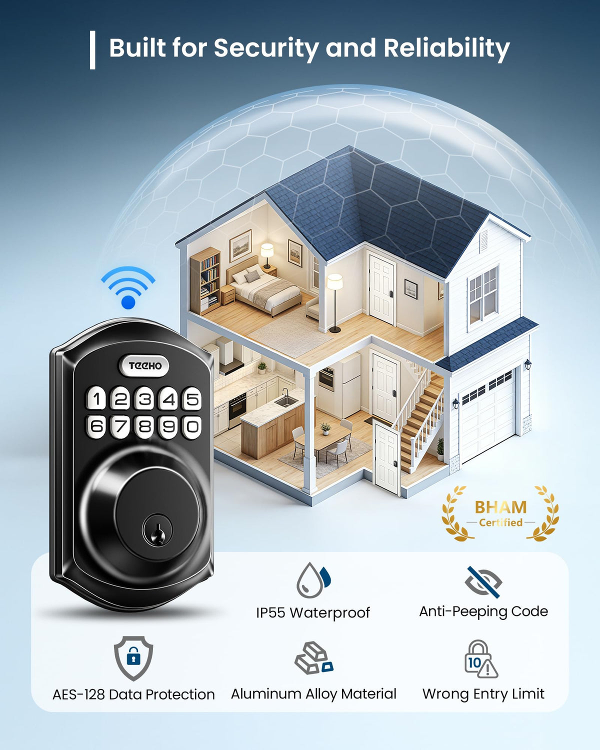 TEEHO TE011W WiFi Keypad Deadbolt, Smart Locks for Front Door, Matte Black