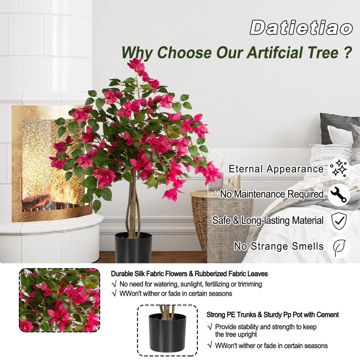 Datietiao 3FT Artificial Bougainvillea Tree with Lush Pink Flowers, Faux Potted Fake Plant, UV Resistant Artificial Tree for Indoor Outdoor Home Decor, Living Room, Office, Patio, Porch