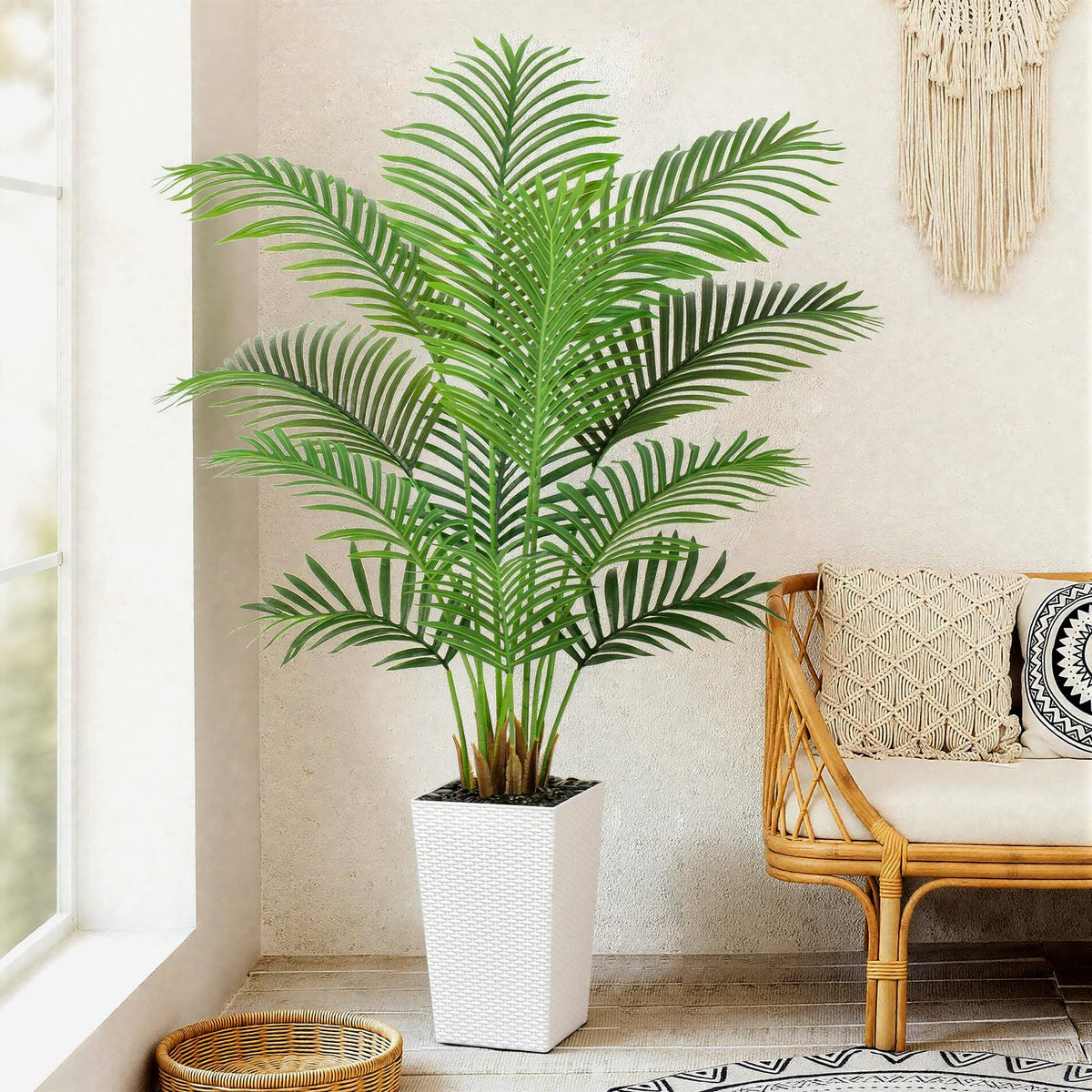 Keeplush 5ft Artificial Palm Tree with White Planter - Tall Fake Palm Tree Indoor Fake Tropical Plant for Home Office Living Room Bedroom Modern Decor