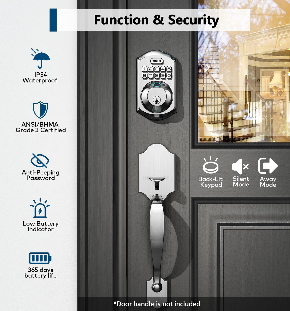 TEEHO TE002 Fingerprint Deadbolt with Keypad for Front Door, Satin Nickel