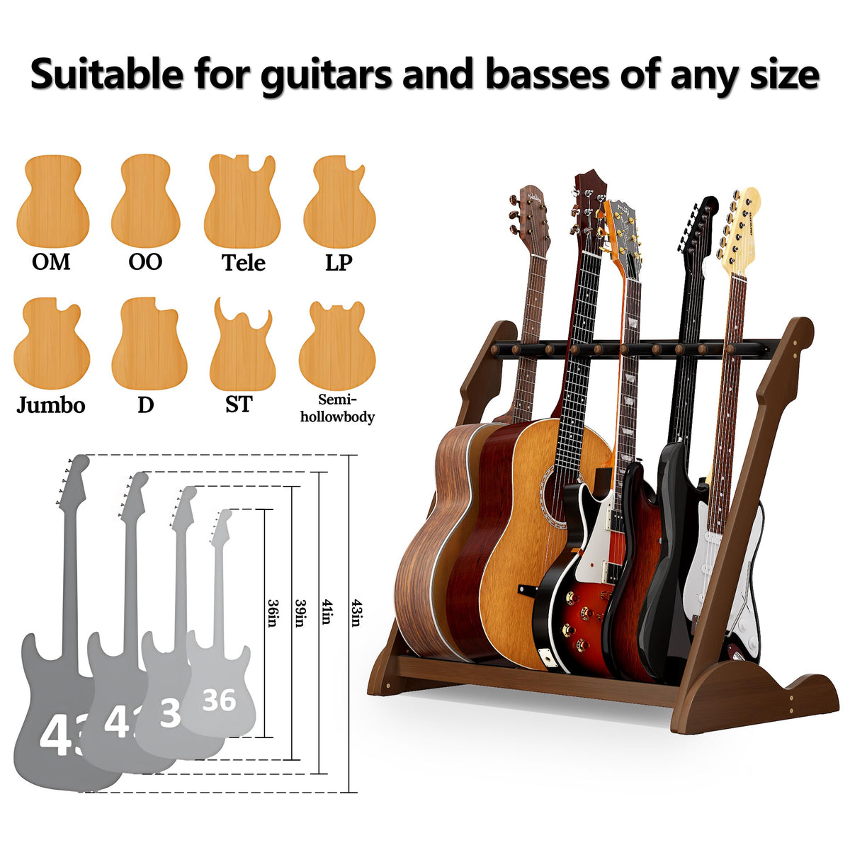 Bamboo Multi Guitar Stand, Guitar Rack for Multiple Guitars(Walnut-B)