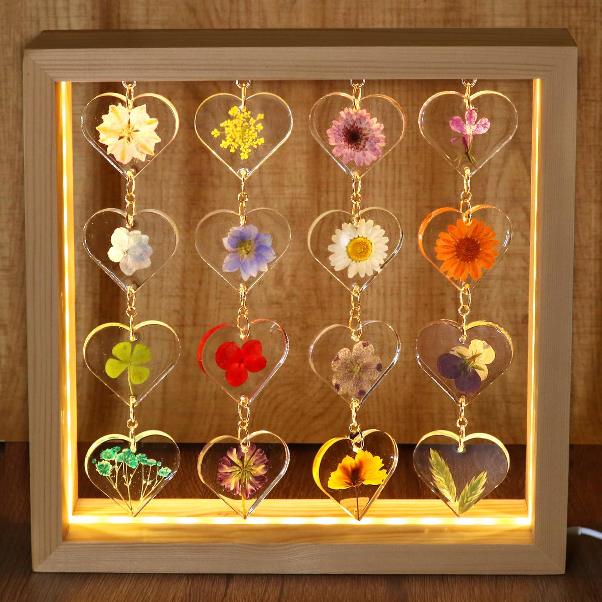 SMUK Resin Dried Flower LED Aesthetic Desk Lamp, Unique 3 Way Dimmable Natural Pressed Flower Table Lamp with Wooden Frame for Desk, Table, Nightstand, Bedroom, Living Room, Office