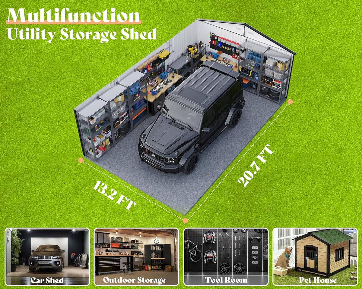 AMERLIFE 13.2x21x8.4 FT Outdoor Metal Garage Shed, Extra Large Storage Shed with Double Hinged Doors, 4 Windows, Carport for Car, Truck, Bike and Lawn Equipment, Dark Grey