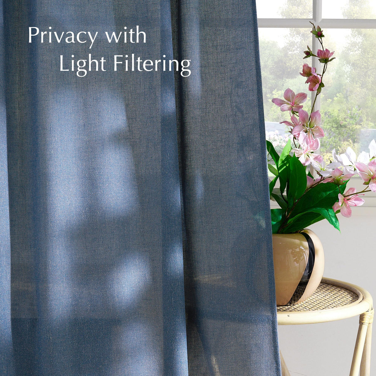 NICETOWN Thick Linen Navy Blue Curtains 96 inches Long, Rod Pocket & Back Tab Flax Semi-Sheer with Light Filtering Window Treatments Privacy Assured for Living Room, W55 x L96, 2 Panels