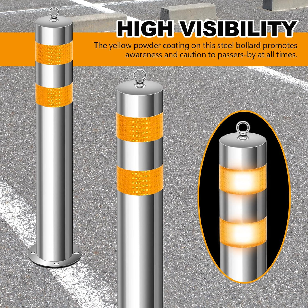 31.5 Inch Stainless Steel Bollard Post with Anchor Bolts Parking Barrier Block Safety Bollard Covers with Reflective Strips and Hanging Ring for Parking Lots Driveways Garage Pathways(4 Pcs)