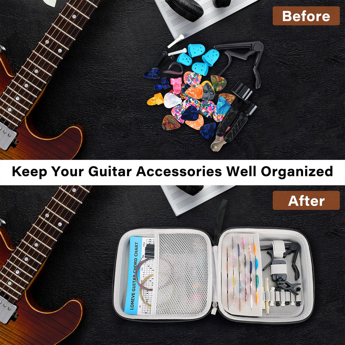 LOMEVE 85PCS Guitar Accessories Kit Holder Case Include Acoustic Strings, Tuner, Capo, 3-in-1 Restring Tool, Picks, Pick Holder, Bridge Pins, Nuts & Saddles, Finger Protector, Chord Chart