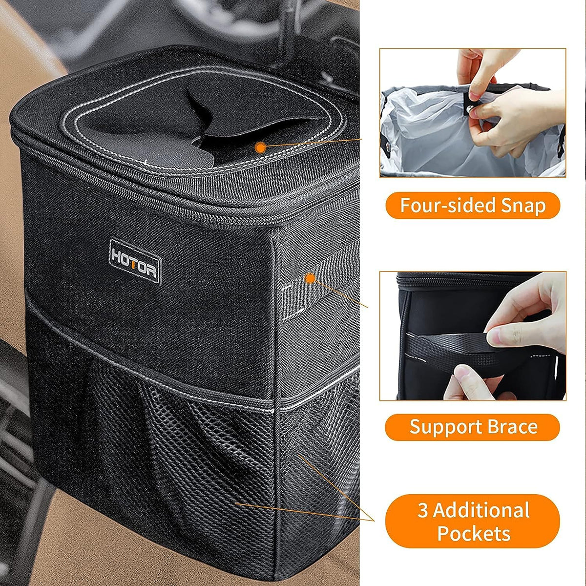 HOTOR Car Trash Can, Leakproof Car Organizer, 3-Gallon, Black
