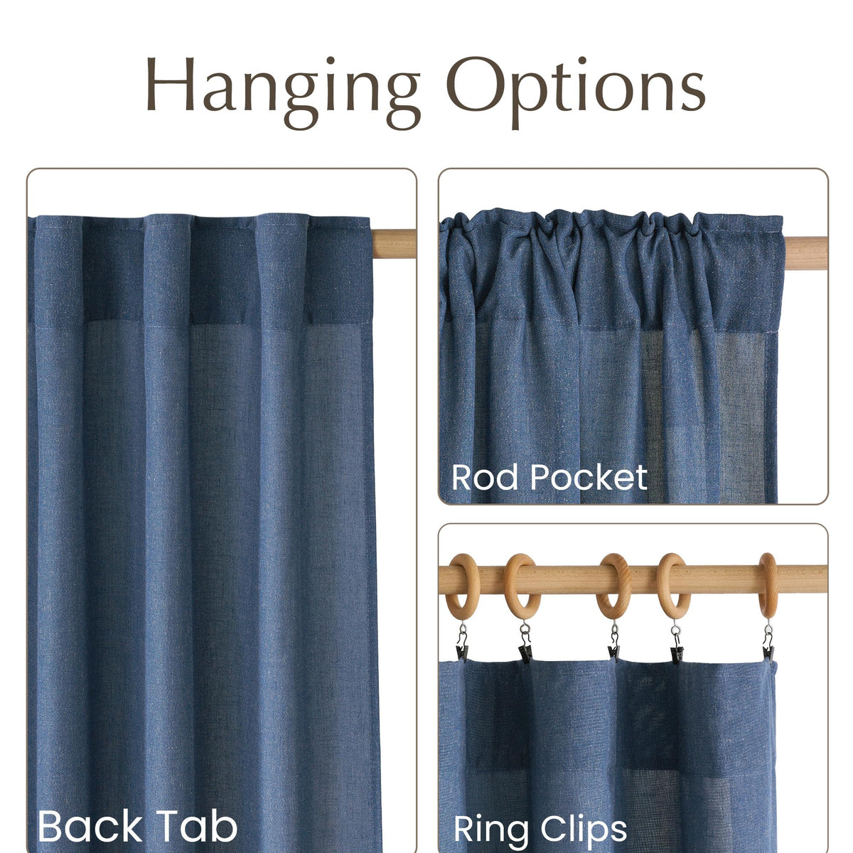 NICETOWN Thick Linen Navy Blue Curtains 96 inches Long, Rod Pocket & Back Tab Flax Semi-Sheer with Light Filtering Window Treatments Privacy Assured for Living Room, W55 x L96, 2 Panels