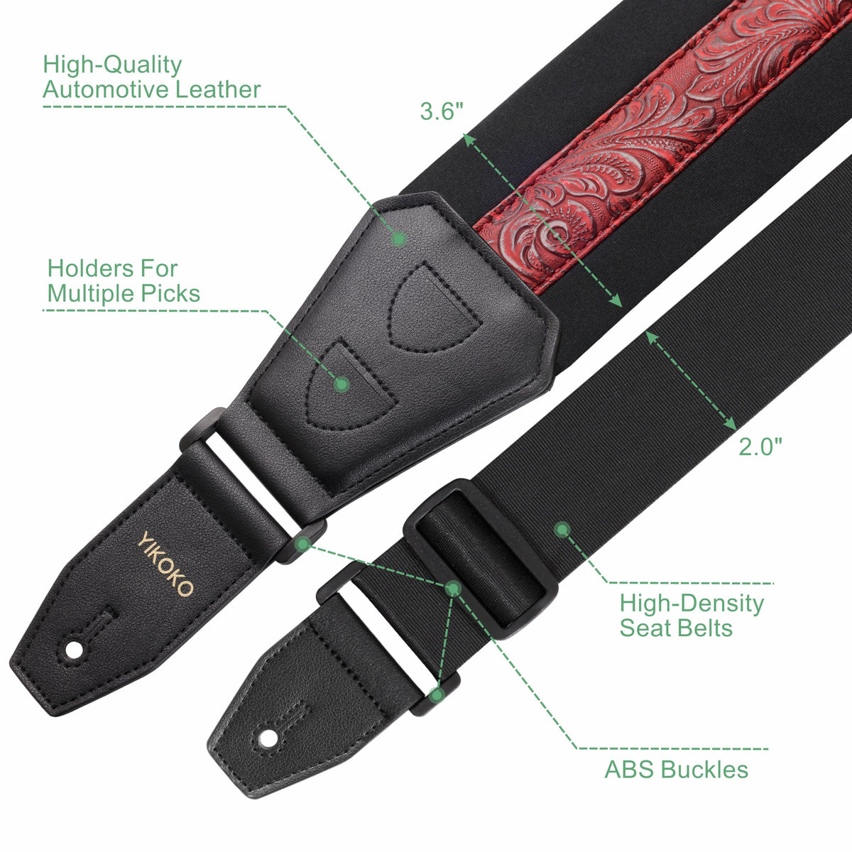 YIKOKO Bass Guitar Straps for Electric Guitar & Bass 3.6" Wide Padded Straps, Adjustable, Retro Vegan Leather Design with Sponge Filled Foam Pad, with 4 Picks and 2 Strap Locks