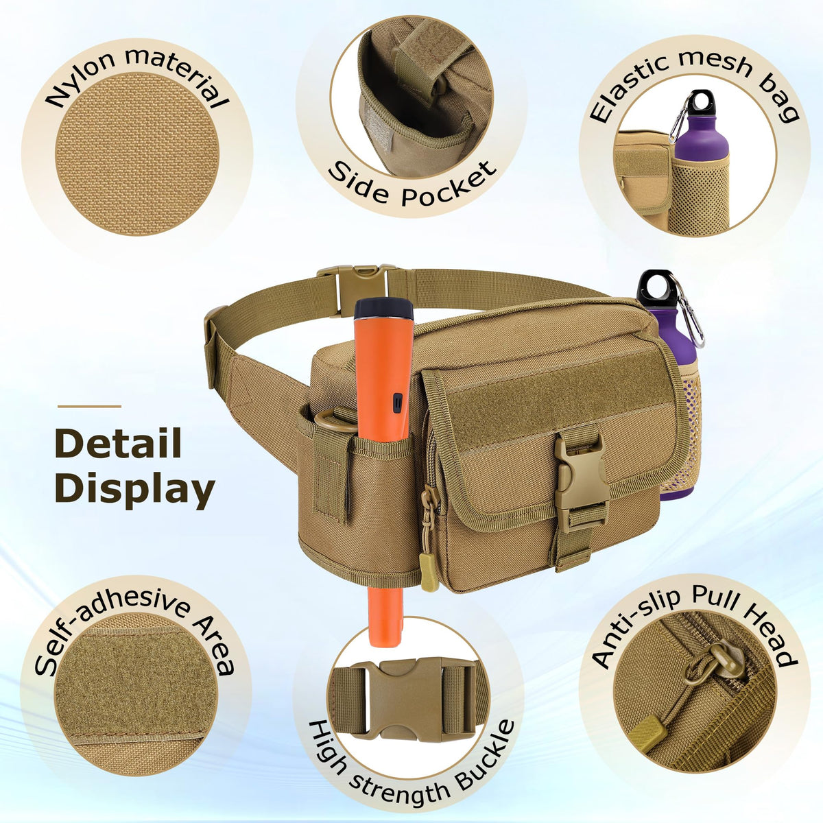 Metal Detecting Waist Bag with Kettle Sleeve Elastic Net，Portable Find bag, Waterproof Metal Detector Tool Bag, for Outdoor Metal Detector Accessory (Tan)