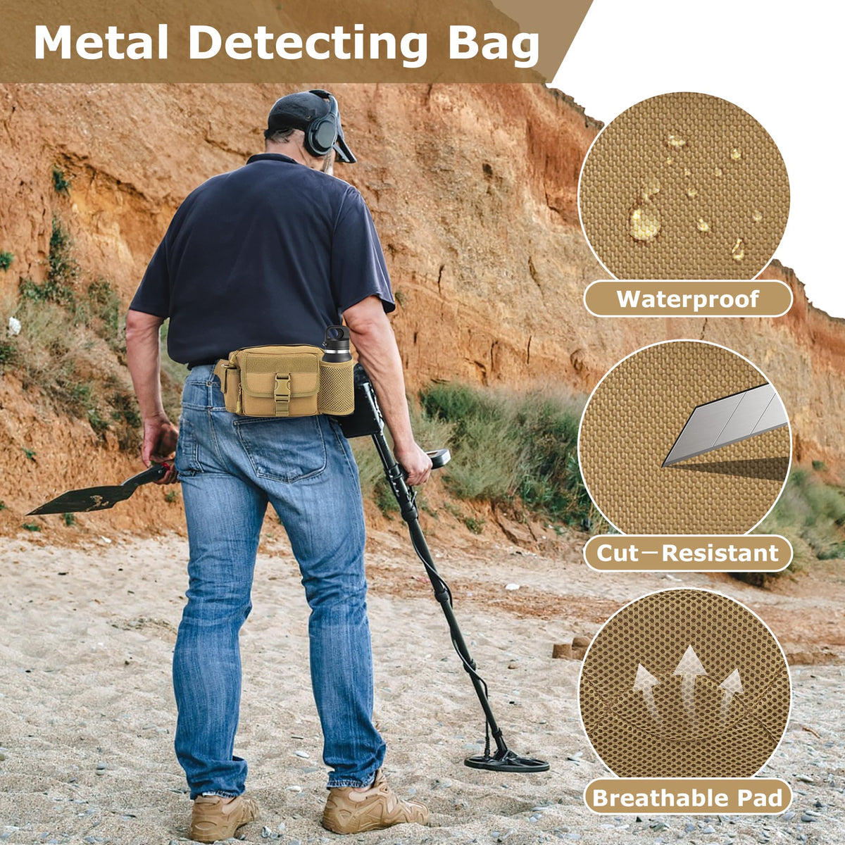 Metal Detecting Waist Bag with Kettle Sleeve Elastic Net，Portable Find bag, Waterproof Metal Detector Tool Bag, for Outdoor Metal Detector Accessory (Tan)