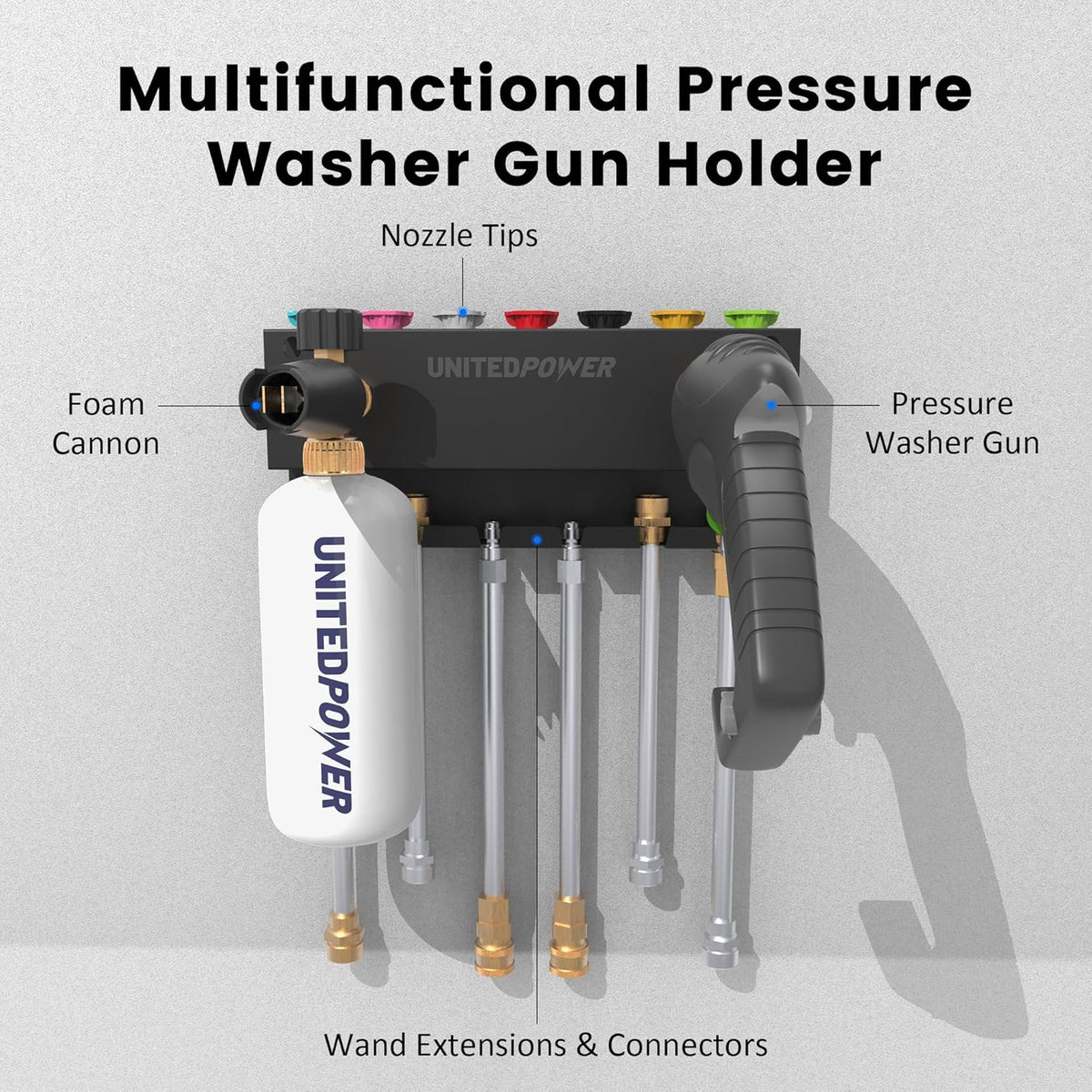 UNITEDPOWER Pressure Washer Gun Holder，Wall Mount Foam Cannon Holder，Tool Storage Rack for Pressure Washer Wand/Nozzle Tips, Car Wash Accessories Organizer, Black