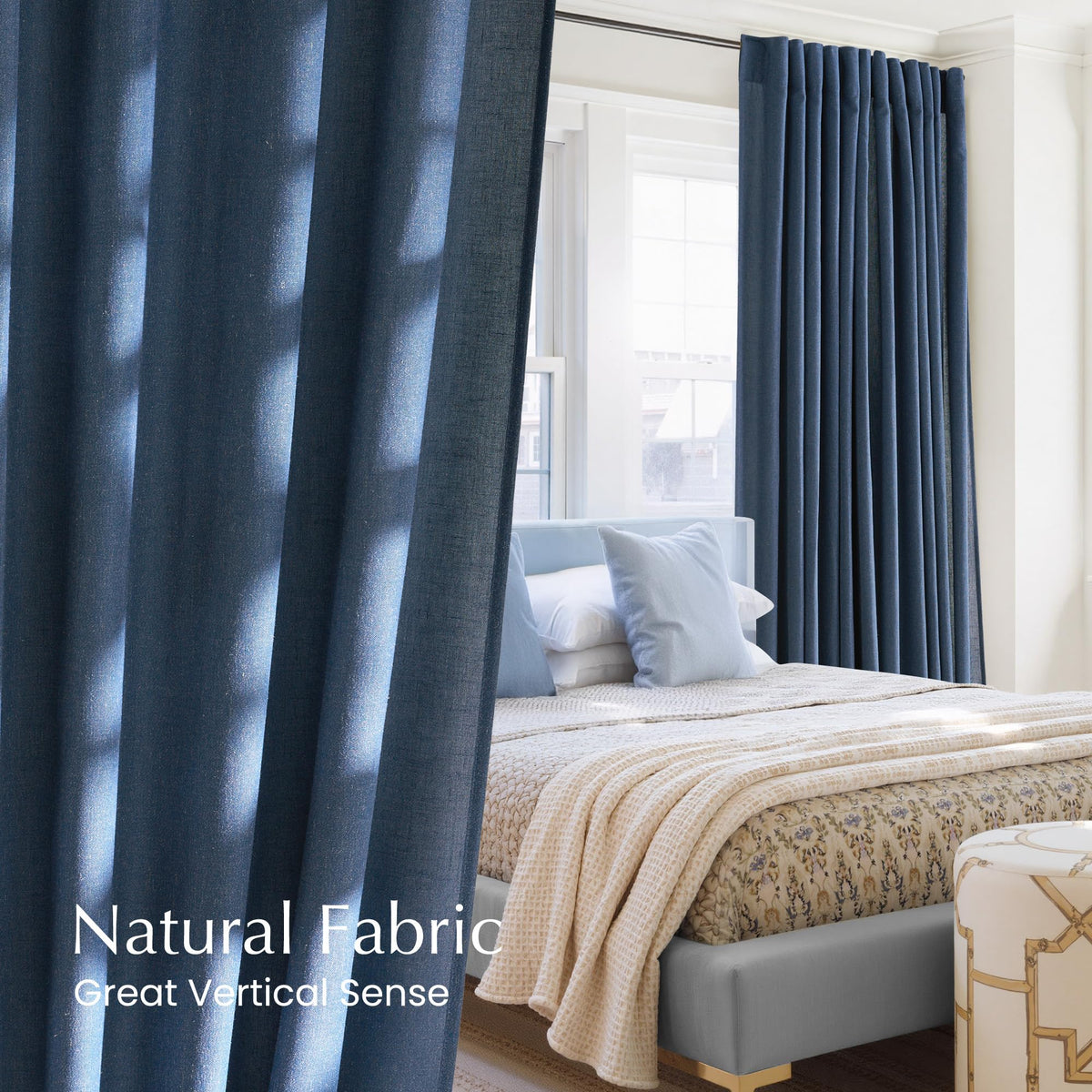 NICETOWN Thick Linen Navy Blue Curtains 96 inches Long, Rod Pocket & Back Tab Flax Semi-Sheer with Light Filtering Window Treatments Privacy Assured for Living Room, W55 x L96, 2 Panels