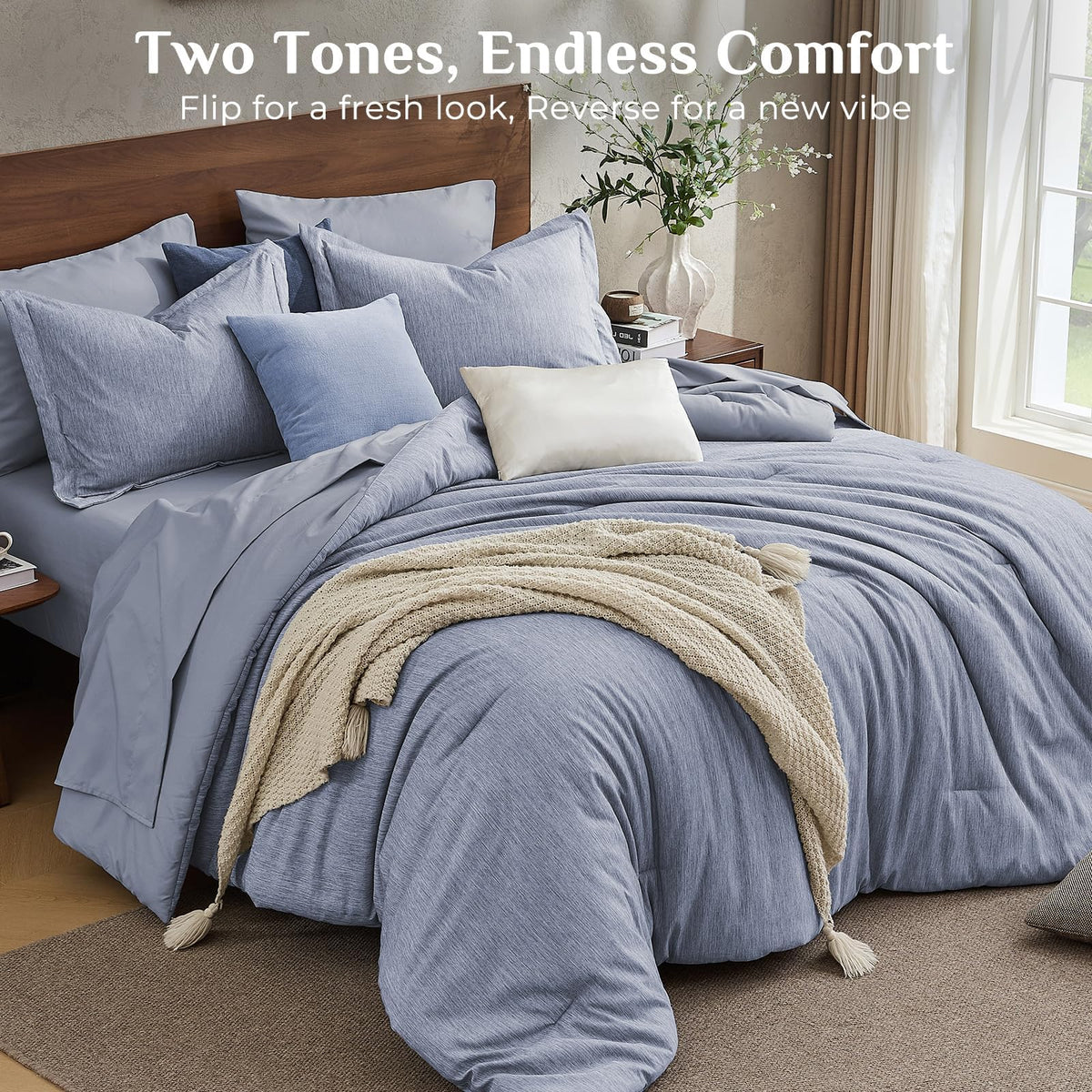 JOLLYVOGUE Navy Blue Queen Comforter Set, Cationic Dyeing Bed in a Bag Queen 7 Pieces, Double-Tone Bedding Set with Down Alternative Comforter, Sheets, Pillowcases & Shams