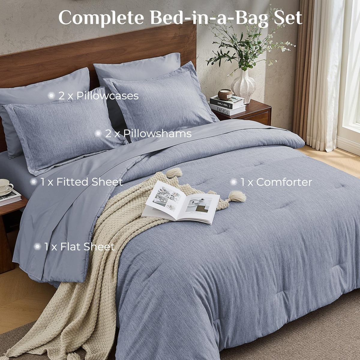 JOLLYVOGUE Navy Blue Queen Comforter Set, Cationic Dyeing Bed in a Bag Queen 7 Pieces, Double-Tone Bedding Set with Down Alternative Comforter, Sheets, Pillowcases & Shams