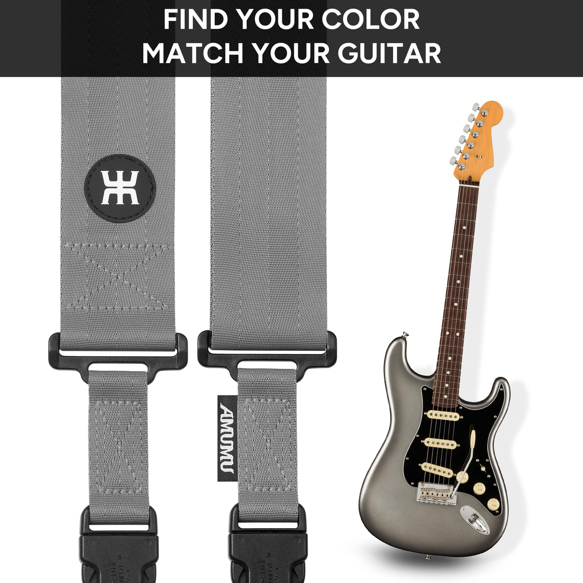 Amumu SNAPLOCK Pro Guitar Strap - Quick-Release Buckle, Screw Fasten Ends, Quick-Fetch Pick Holder, Adjustable 38"-57", Fits Bass, Electric Guitars, Gunsmoke Gray