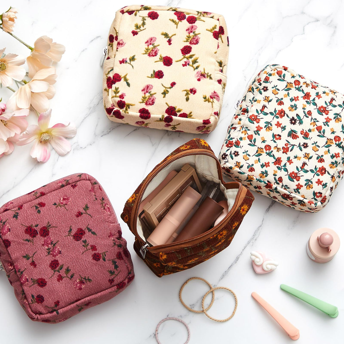 Abbylike 4 Pcs Floral Makeup Bag Cosmetic Bag with Zipper Portable Small Pouches for Purse Toiletry Mini Pouch Cute Mini Makeup Purse for Coin Essentials Items Women(Rose) - thewildfolk Abbylike 4 Pcs Floral Makeup Bag Cosmetic Bag with Zipper Portable Small Pouches for Purse Toiletry Mini Pouch Cute Mini Makeup Purse for Coin Essentials Items Women(Rose)