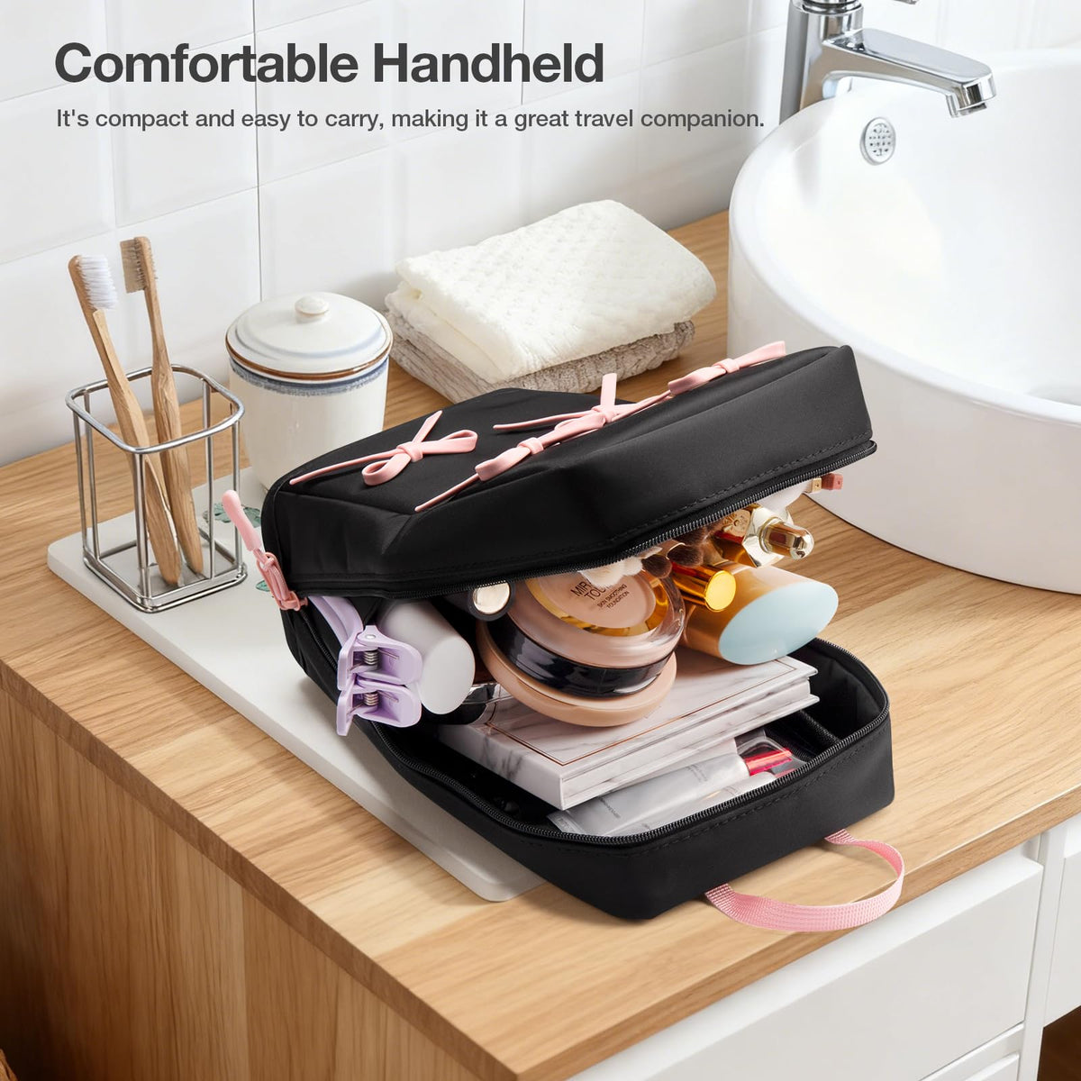 Abiudeng Stand Up Travel Makeup Bag, Small Black Waterproof Cosmetic Case with Brush Compartment & Elastic Holders for Makeup Essentials - thewildfolk Abiudeng Stand Up Travel Makeup Bag, Small Black Waterproof Cosmetic Case with Brush Compartment & Elastic Holders for Makeup Essentials