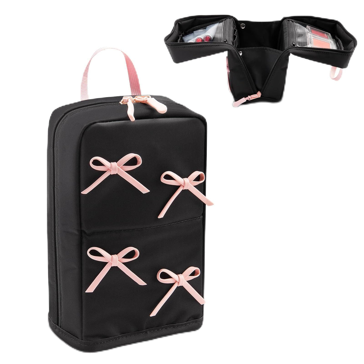 Abiudeng Stand Up Travel Makeup Bag, Small Black Waterproof Cosmetic Case with Brush Compartment & Elastic Holders for Makeup Essentials - thewildfolk Abiudeng Stand Up Travel Makeup Bag, Small Black Waterproof Cosmetic Case with Brush Compartment & Elastic Holders for Makeup Essentials