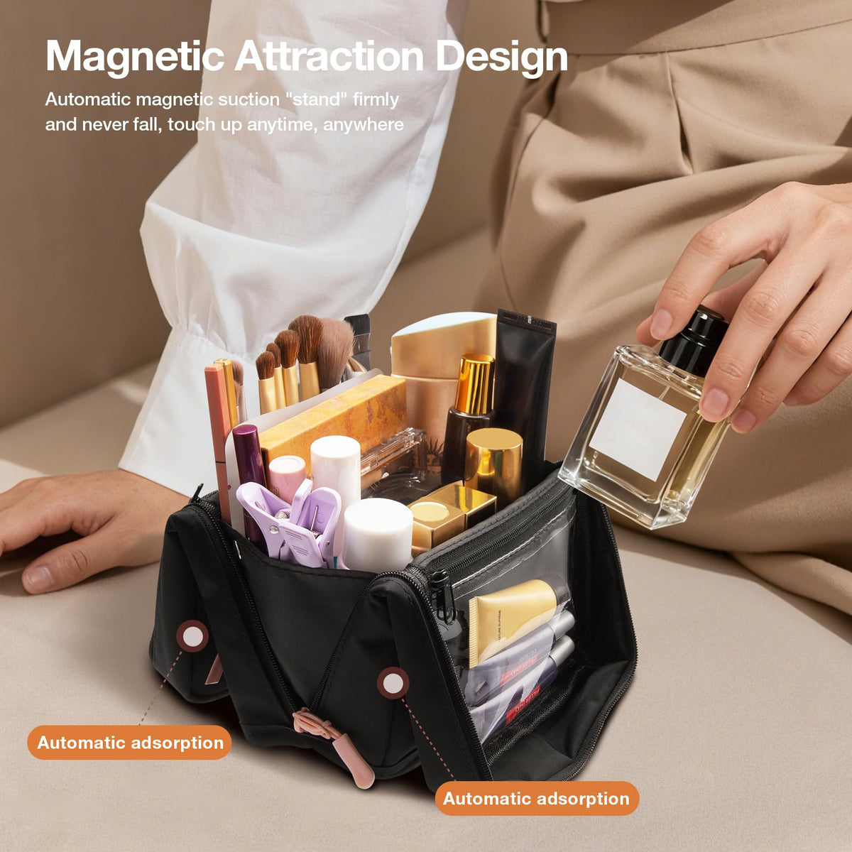 Abiudeng Stand Up Travel Makeup Bag, Small Black Waterproof Cosmetic Case with Brush Compartment & Elastic Holders for Makeup Essentials - thewildfolk Abiudeng Stand Up Travel Makeup Bag, Small Black Waterproof Cosmetic Case with Brush Compartment & Elastic Holders for Makeup Essentials