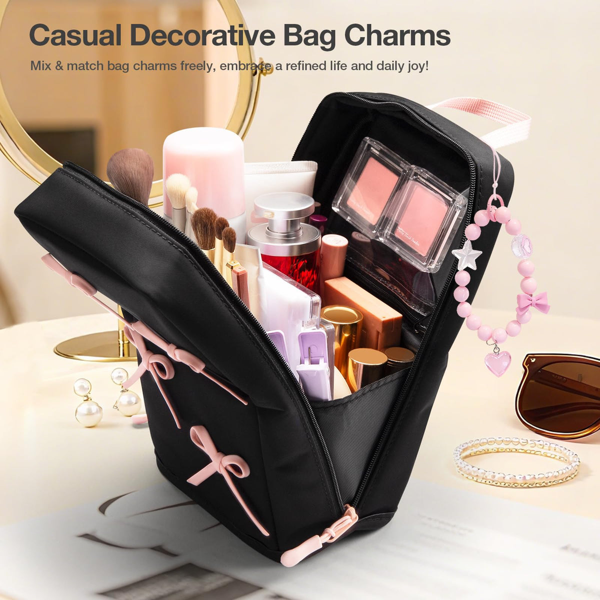 Abiudeng Stand Up Travel Makeup Bag, Small Black Waterproof Cosmetic Case with Brush Compartment & Elastic Holders for Makeup Essentials - thewildfolk Abiudeng Stand Up Travel Makeup Bag, Small Black Waterproof Cosmetic Case with Brush Compartment & Elastic Holders for Makeup Essentials