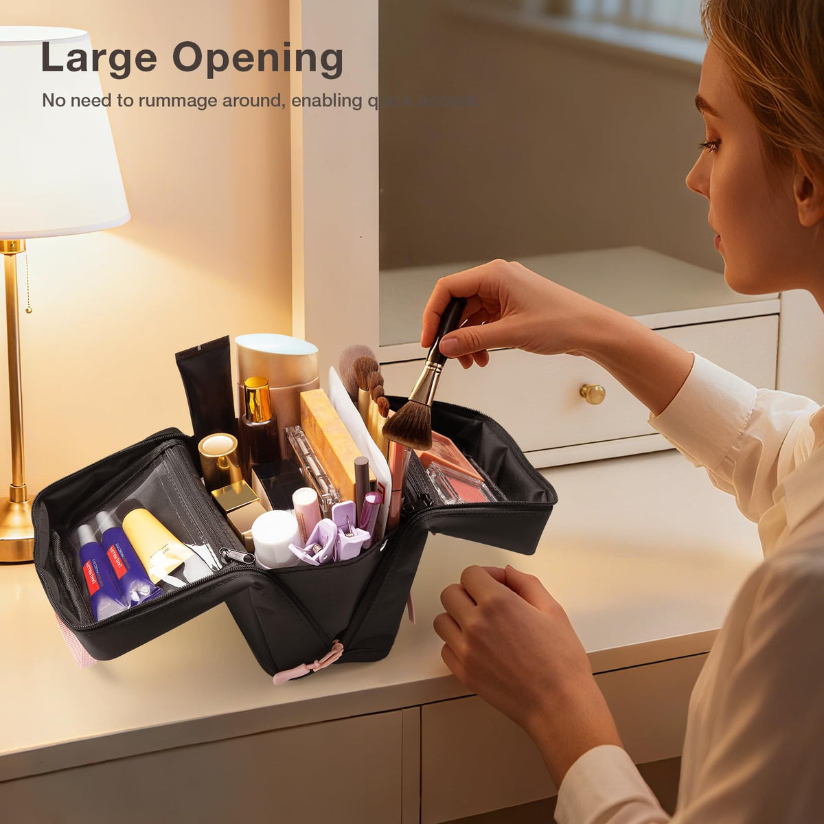 Abiudeng Stand Up Travel Makeup Bag, Small Black Waterproof Cosmetic Case with Brush Compartment & Elastic Holders for Makeup Essentials - thewildfolk Abiudeng Stand Up Travel Makeup Bag, Small Black Waterproof Cosmetic Case with Brush Compartment & Elastic Holders for Makeup Essentials