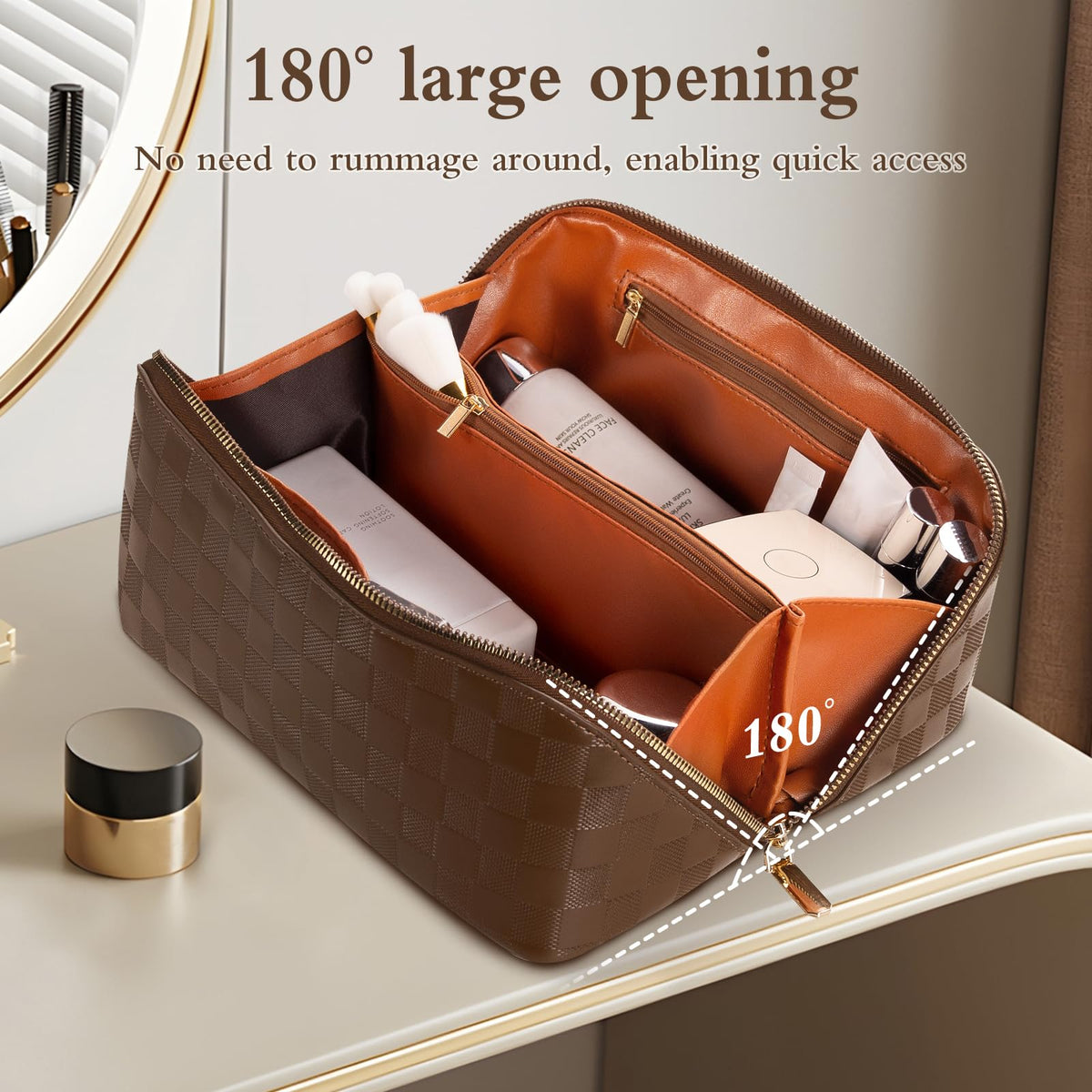 Abiudeng Travel Makeup Bag,Large Capacity Toiletry Bag Cosmetic Bags for Travel Essentials,Waterproof Portable Pouch Open Flat Makeup bag Organizer with Divider and Handle(Checkered-Brown) - thewildfolk Abiudeng Travel Makeup Bag,Large Capacity Toiletry Bag Cosmetic Bags for Travel Essentials,Waterproof Portable Pouch Open Flat Makeup bag Organizer with Divider and Handle(Checkered-Brown)