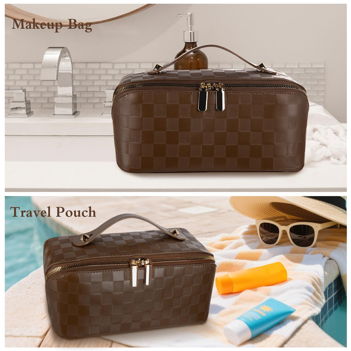 Abiudeng Travel Makeup Bag,Large Capacity Toiletry Bag Cosmetic Bags for Travel Essentials,Waterproof Portable Pouch Open Flat Makeup bag Organizer with Divider and Handle(Checkered-Brown) - thewildfolk Abiudeng Travel Makeup Bag,Large Capacity Toiletry Bag Cosmetic Bags for Travel Essentials,Waterproof Portable Pouch Open Flat Makeup bag Organizer with Divider and Handle(Checkered-Brown)