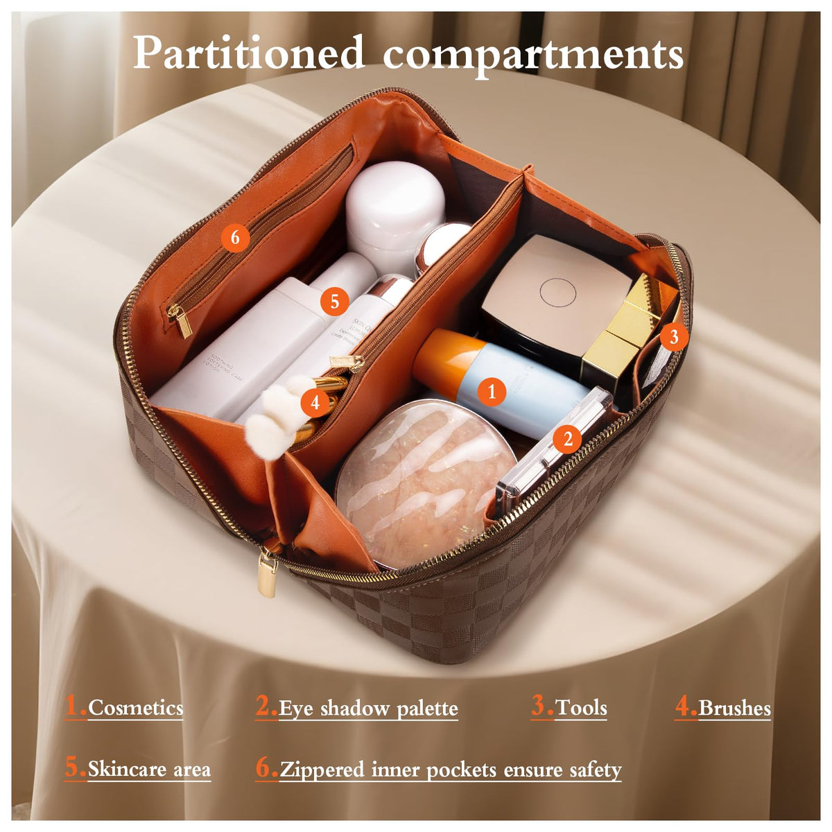 Abiudeng Travel Makeup Bag,Large Capacity Toiletry Bag Cosmetic Bags for Travel Essentials,Waterproof Portable Pouch Open Flat Makeup bag Organizer with Divider and Handle(Checkered-Brown) - thewildfolk Abiudeng Travel Makeup Bag,Large Capacity Toiletry Bag Cosmetic Bags for Travel Essentials,Waterproof Portable Pouch Open Flat Makeup bag Organizer with Divider and Handle(Checkered-Brown)